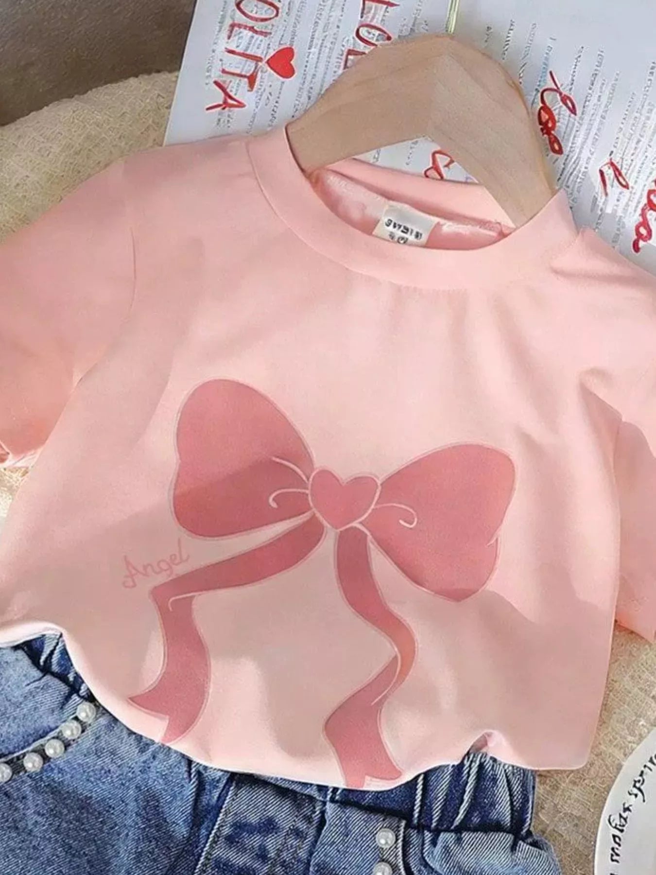 Children's Bowknot T-shirt and Denim Shorts Set