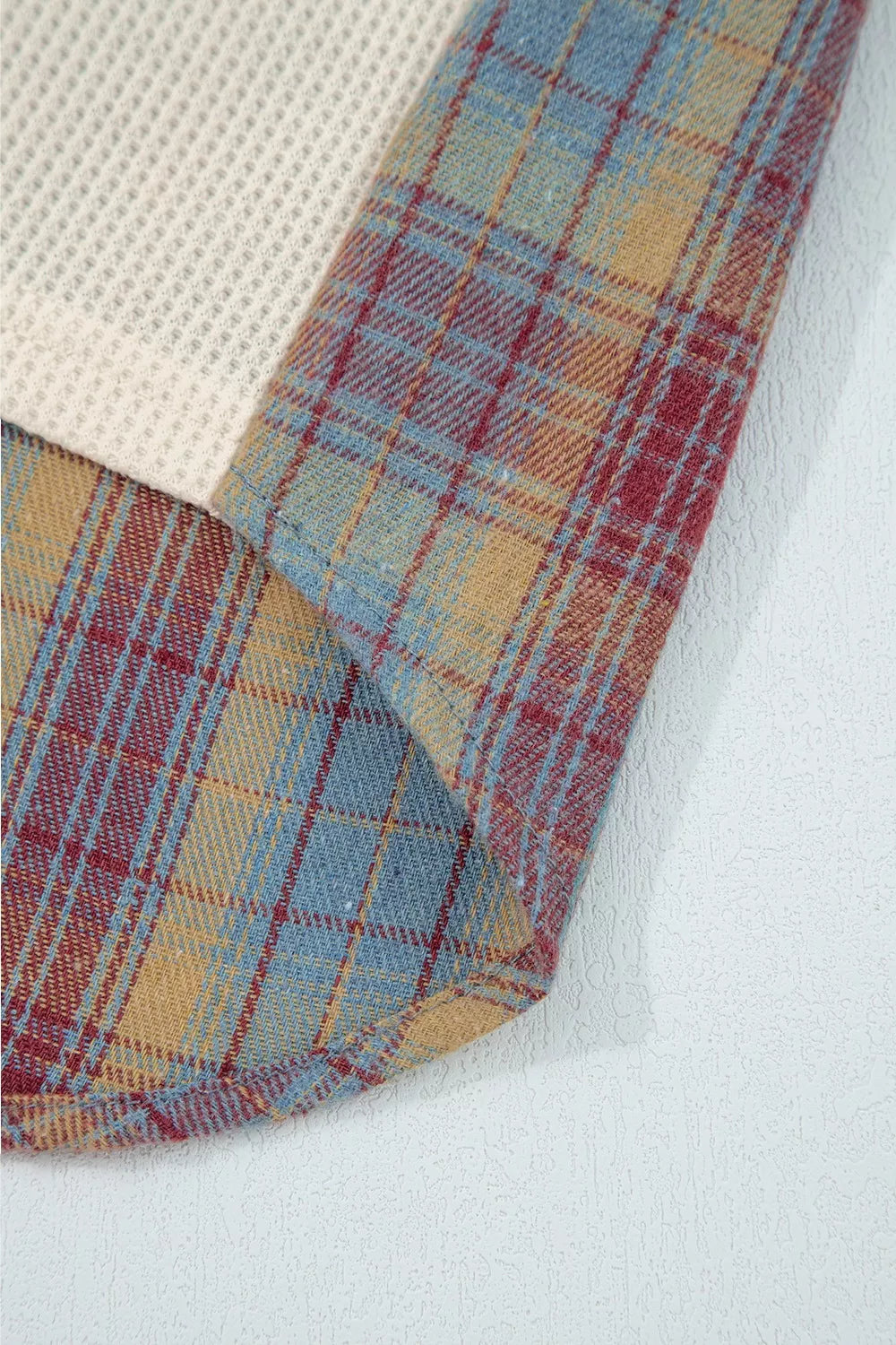 Waffle Knit Plaid Patchwork Long Sleeve Blouse
