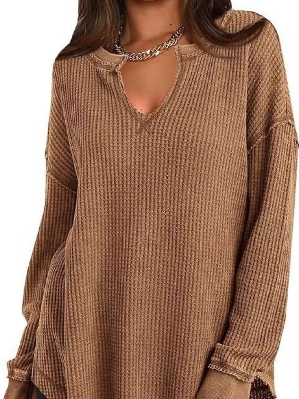 Slit Notched Long Sleeve T-Shirt
