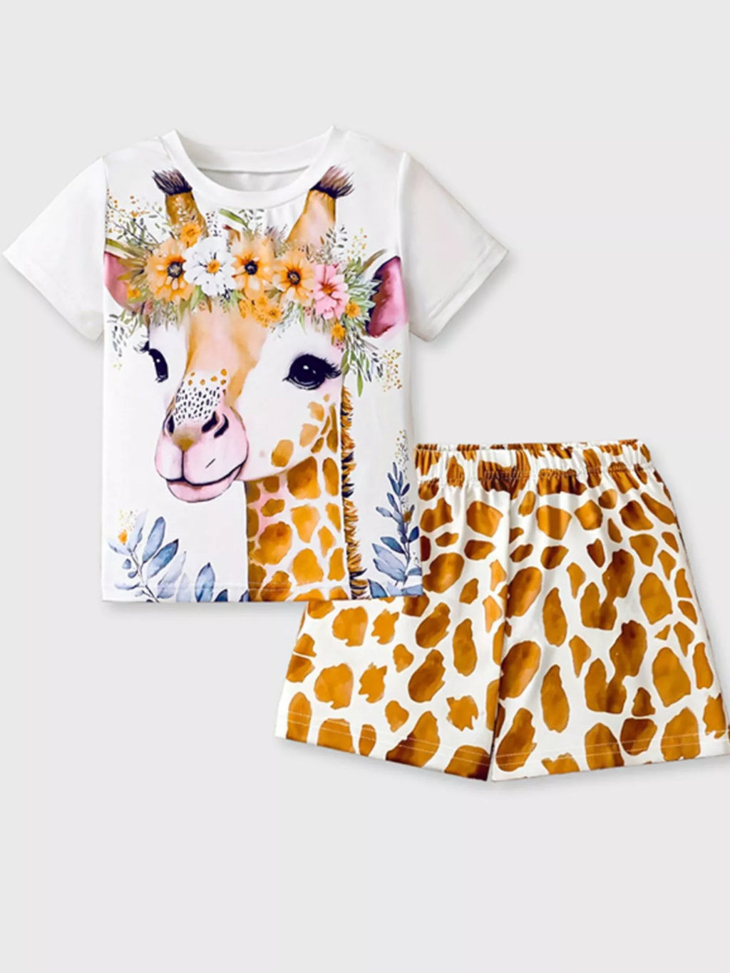 Children's Giraffe Floral Crown Print Tee and Shorts Pajama Set