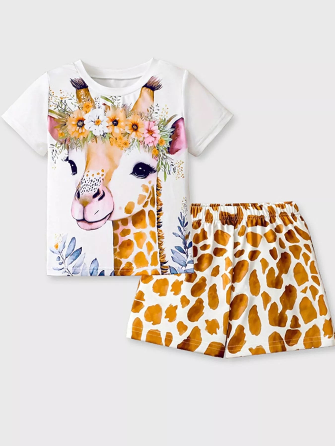 Children's Giraffe Floral Crown Print Tee and Shorts Pajama Set