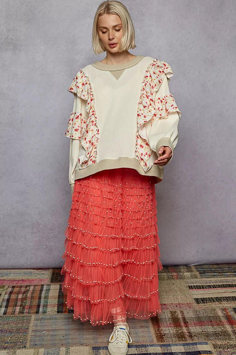 POL Round Neck Sweater with Floral Ruffle Detail