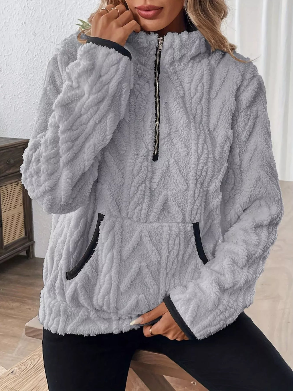 Full Size Half Zip Kangaroo Pocket Sweatshirt Plus Size
