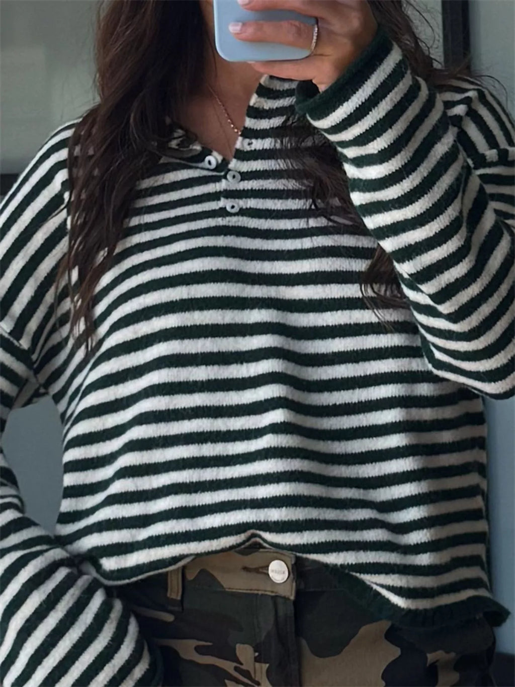 Button Detail Dropped Shoulder Striped Sweater