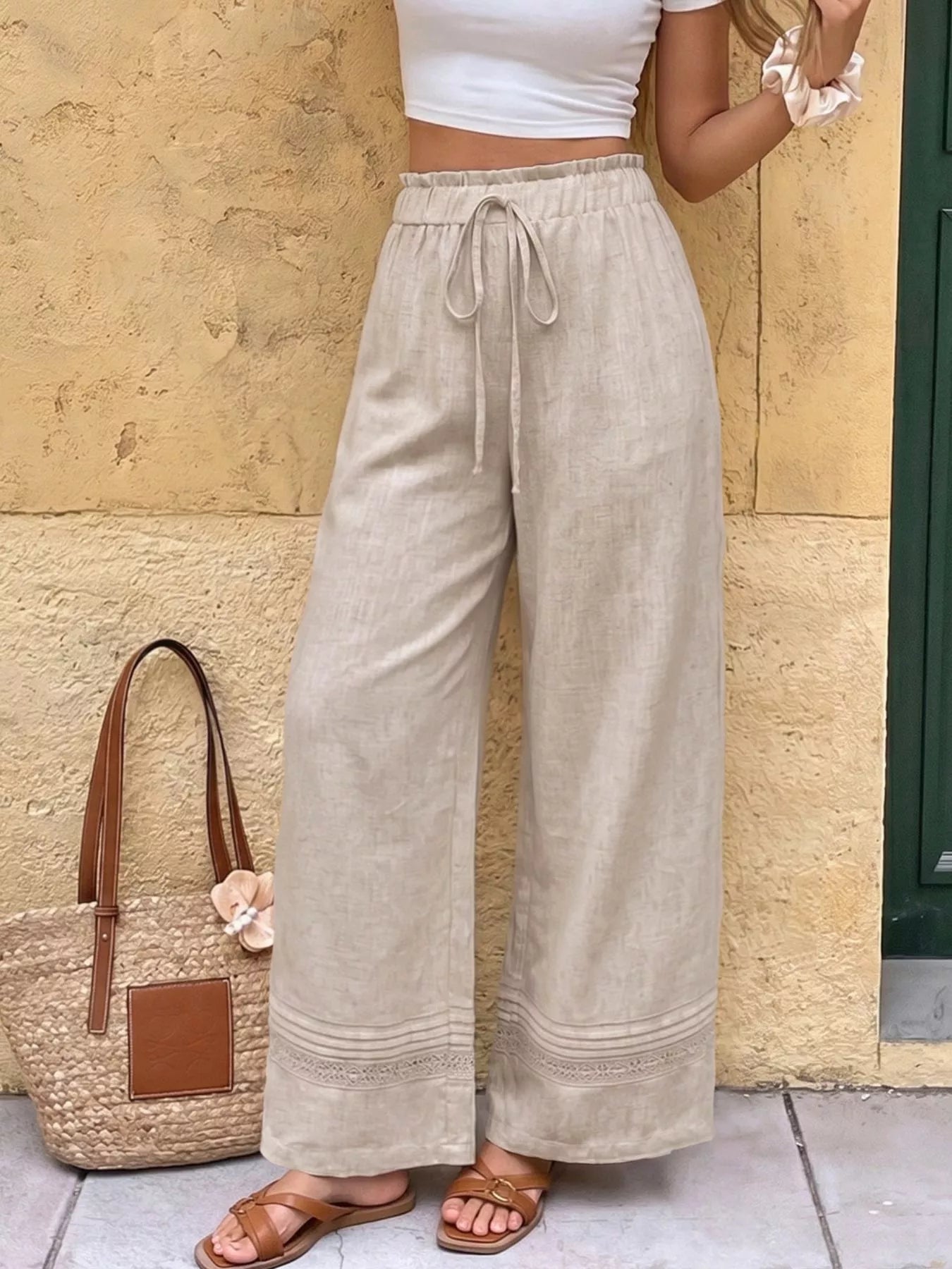 Casual Drawstring Wide Leg Pants