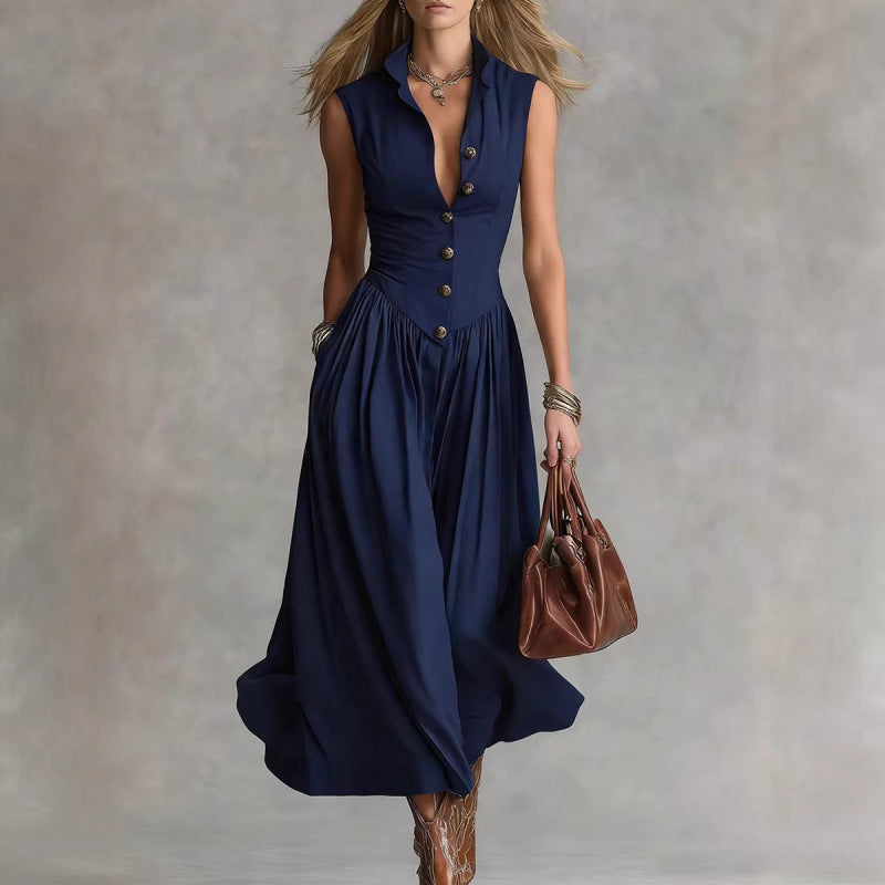 Sleeveless V-Neck Button Maxi Dress