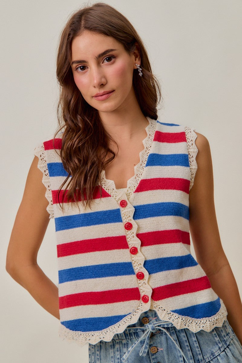 SO ME Fourth Of July Stripe Button Down Vest Top