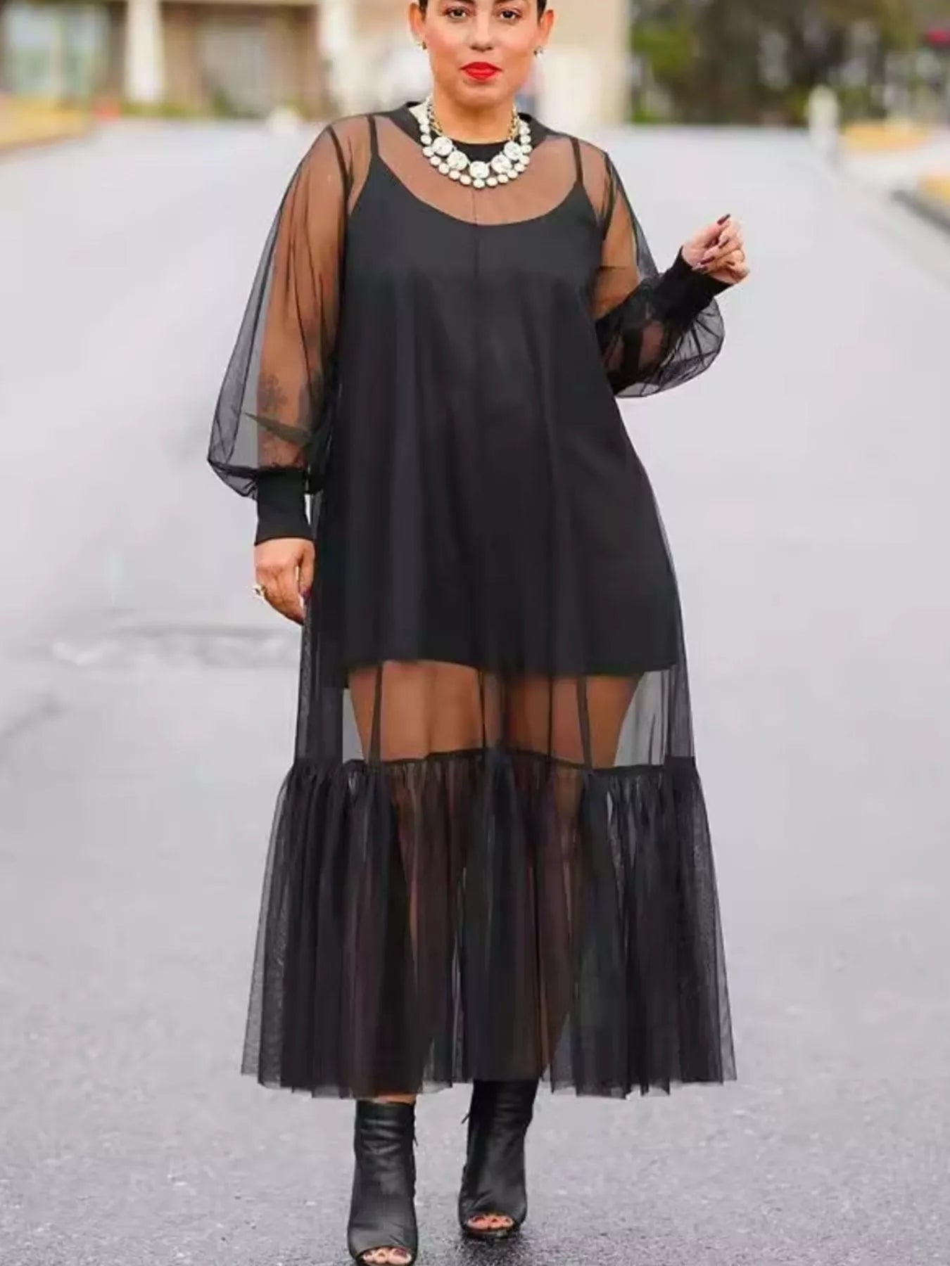 Scoop Neck Cami Dress and Sheer Mesh Dress Set