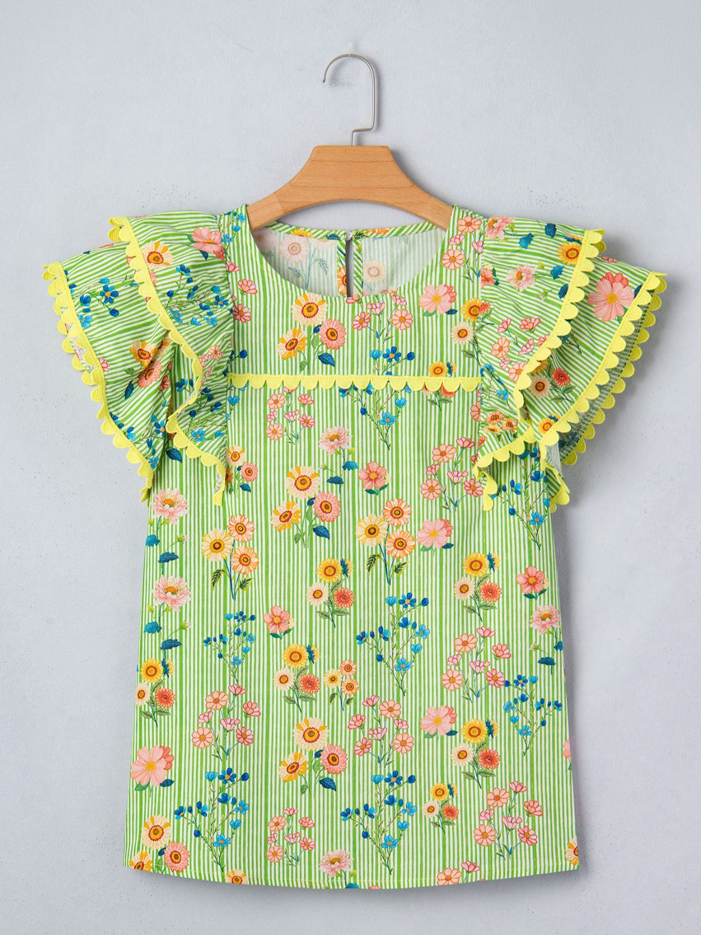 Stripe Floral Printed Scalloped Detail Ruffle Short Sleeve Blouse