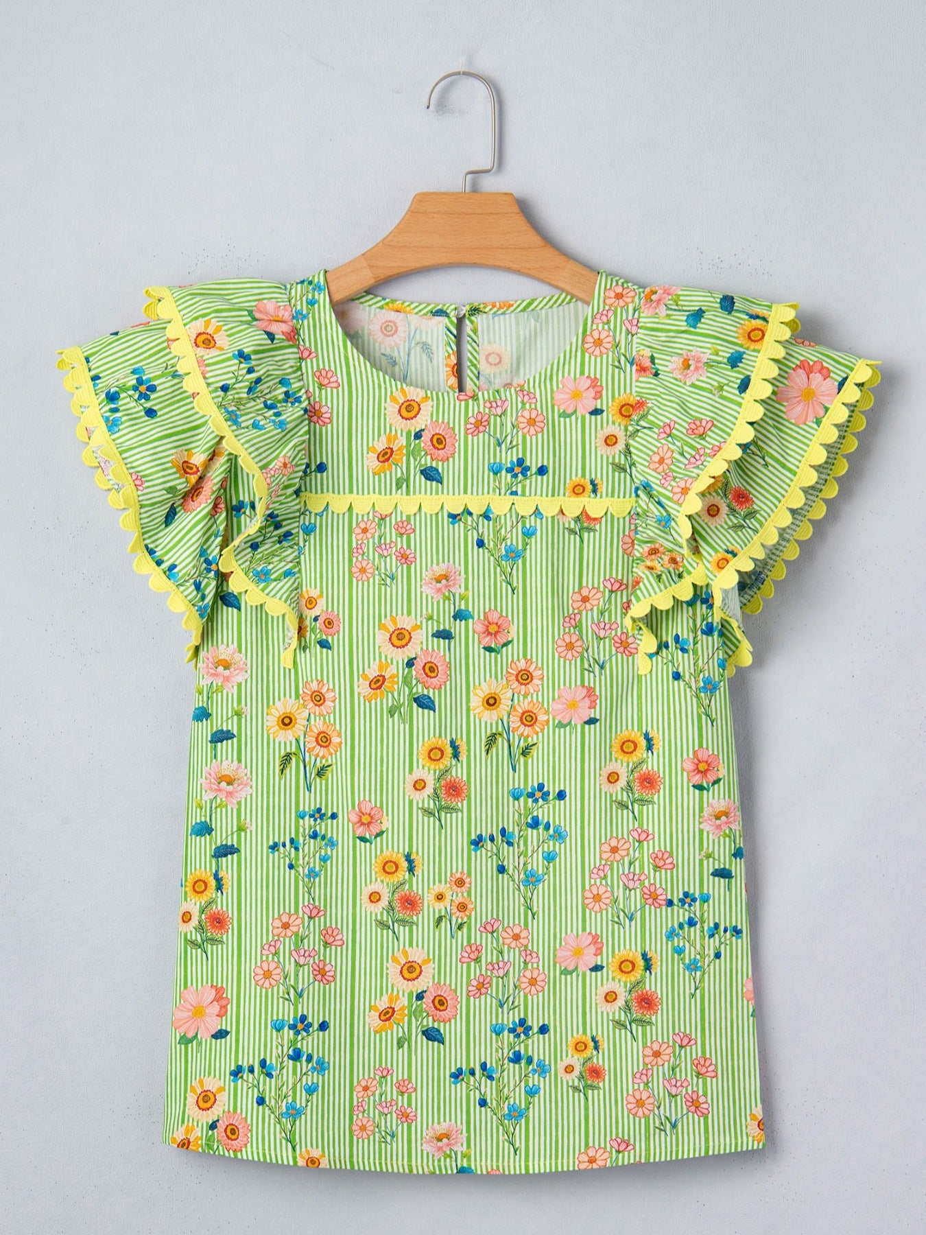 Stripe Floral Printed Scalloped Detail Ruffle Short Sleeve Blouse
