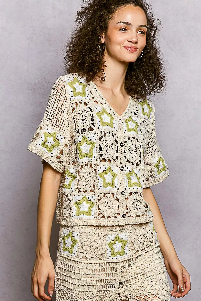 POL Button Front V-Neck Crochet Cardigan with Contast Star