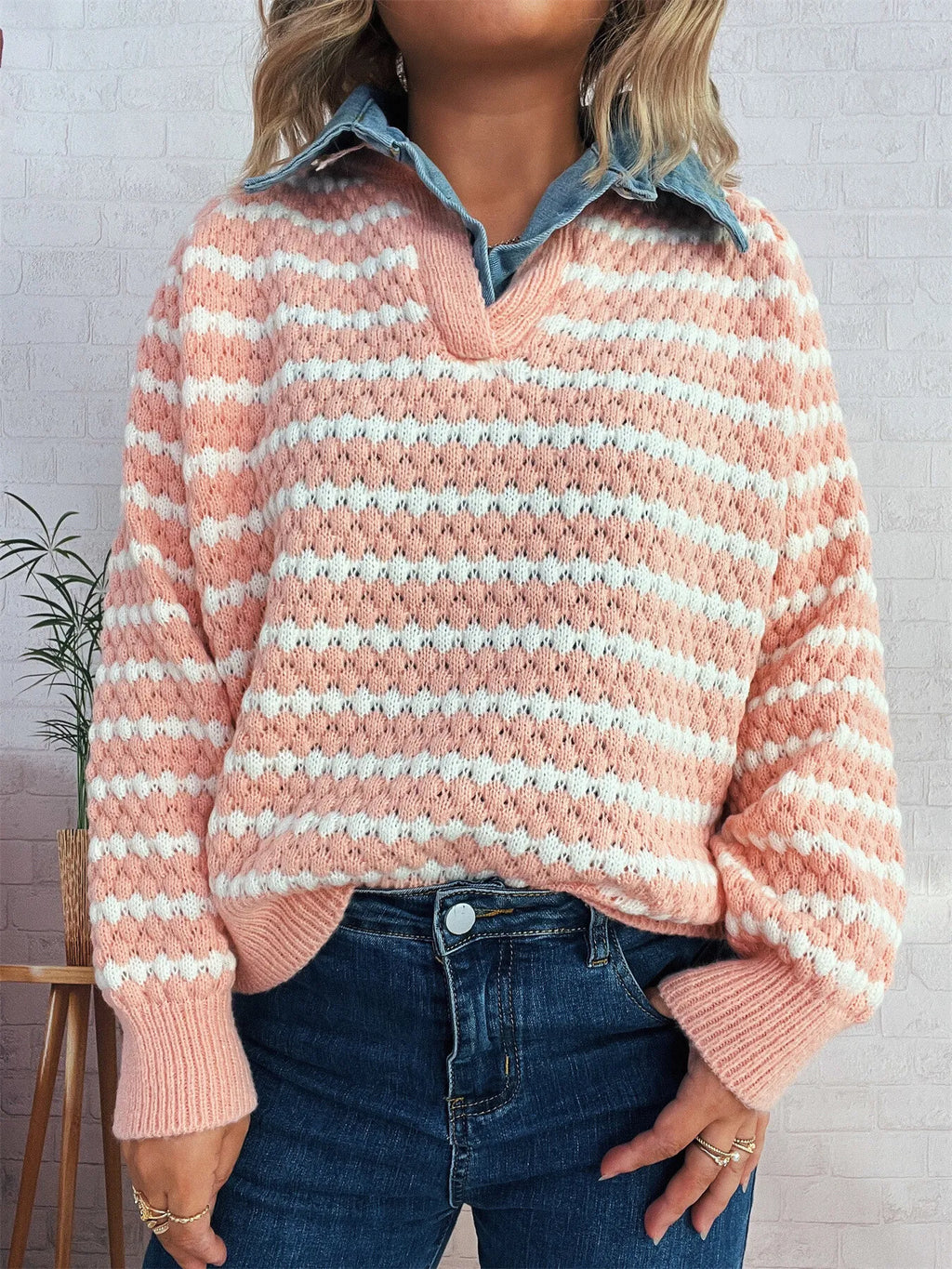 Contrast Striped Sweater with Denim Collar