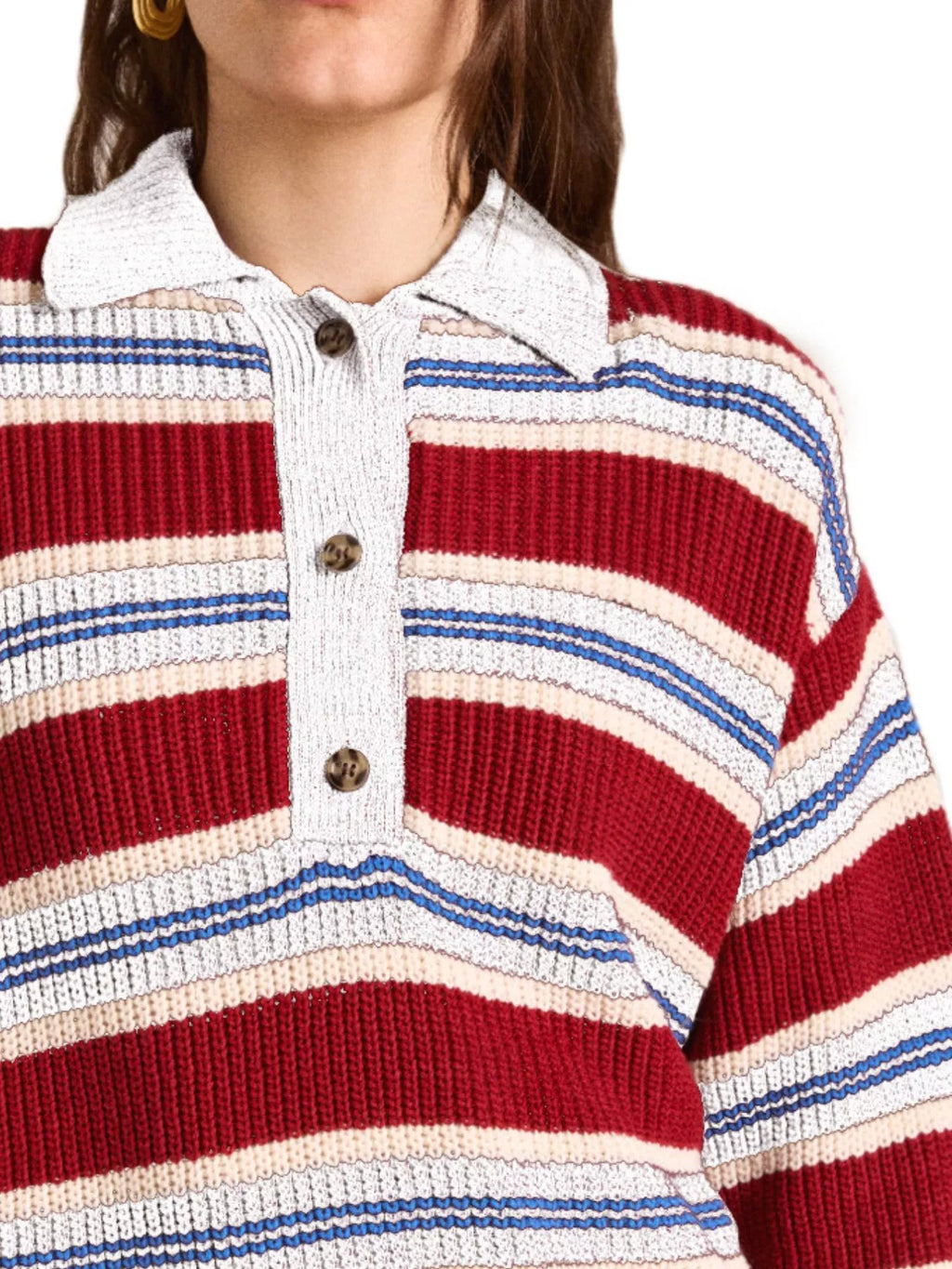 Striped Button Detail Polo Collar Sweater