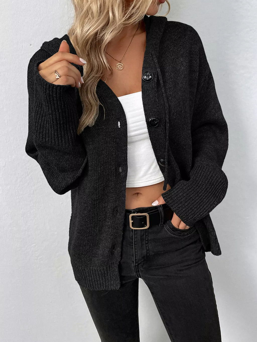 Full Size Cozy Knit Hooded Button-Down Cardigan Plus Size
