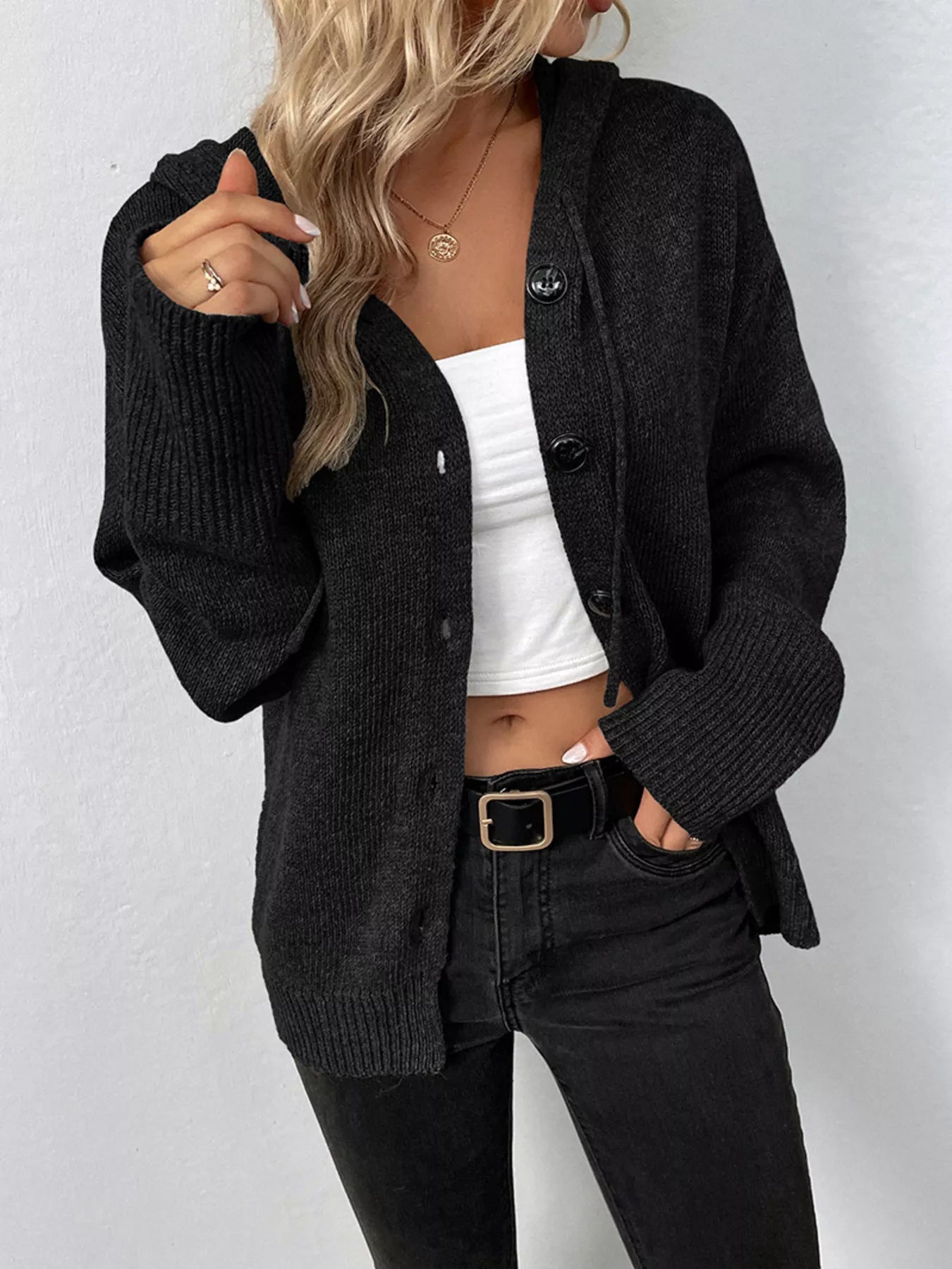 Full Size Cozy Knit Hooded Button-Down Cardigan Plus Size