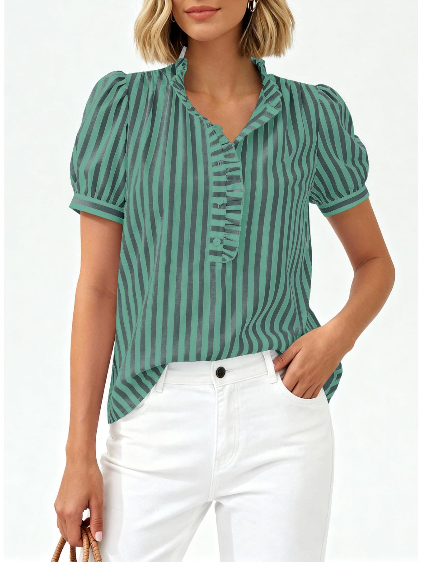 Frill Striped Puff Sleeve Blouse