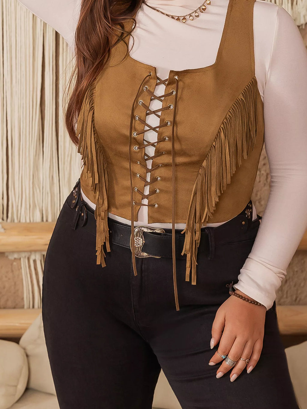 Plus Size Fringed Lace-Up Suede Vest