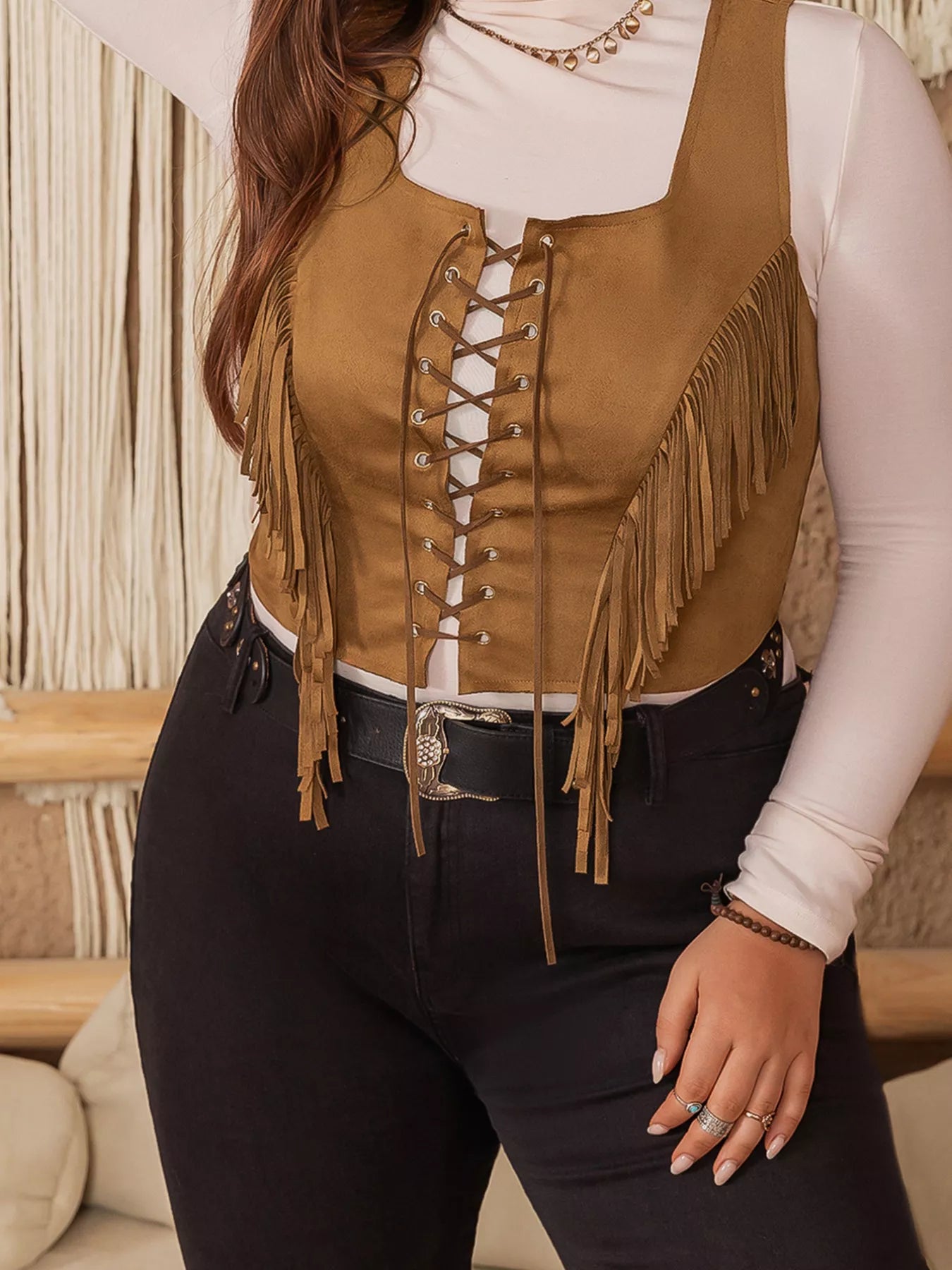 Plus Size Fringed Lace-Up Suede Vest