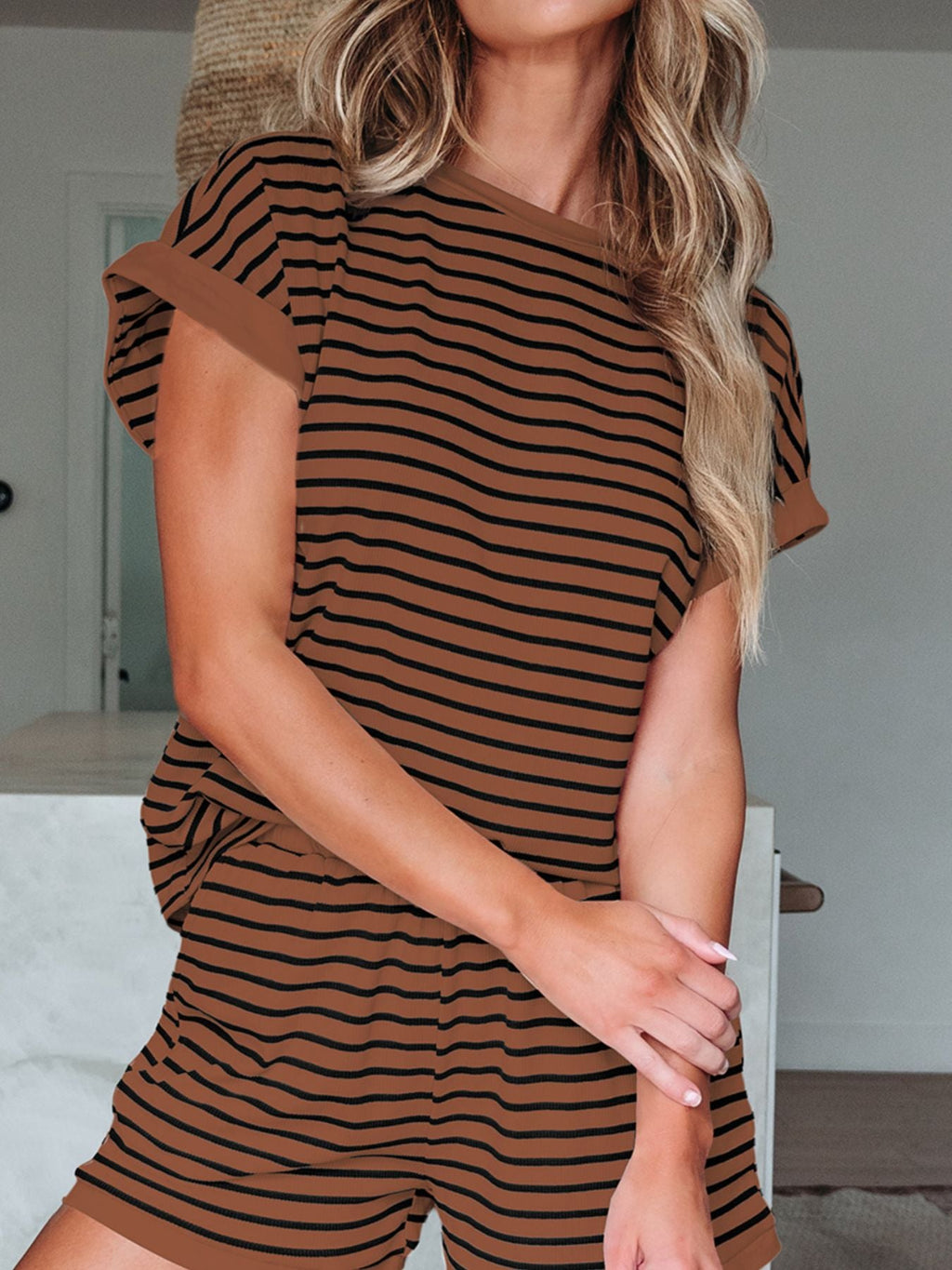Stripe Ribbed Dolman Tee and Elastic Waist Casual Short Set