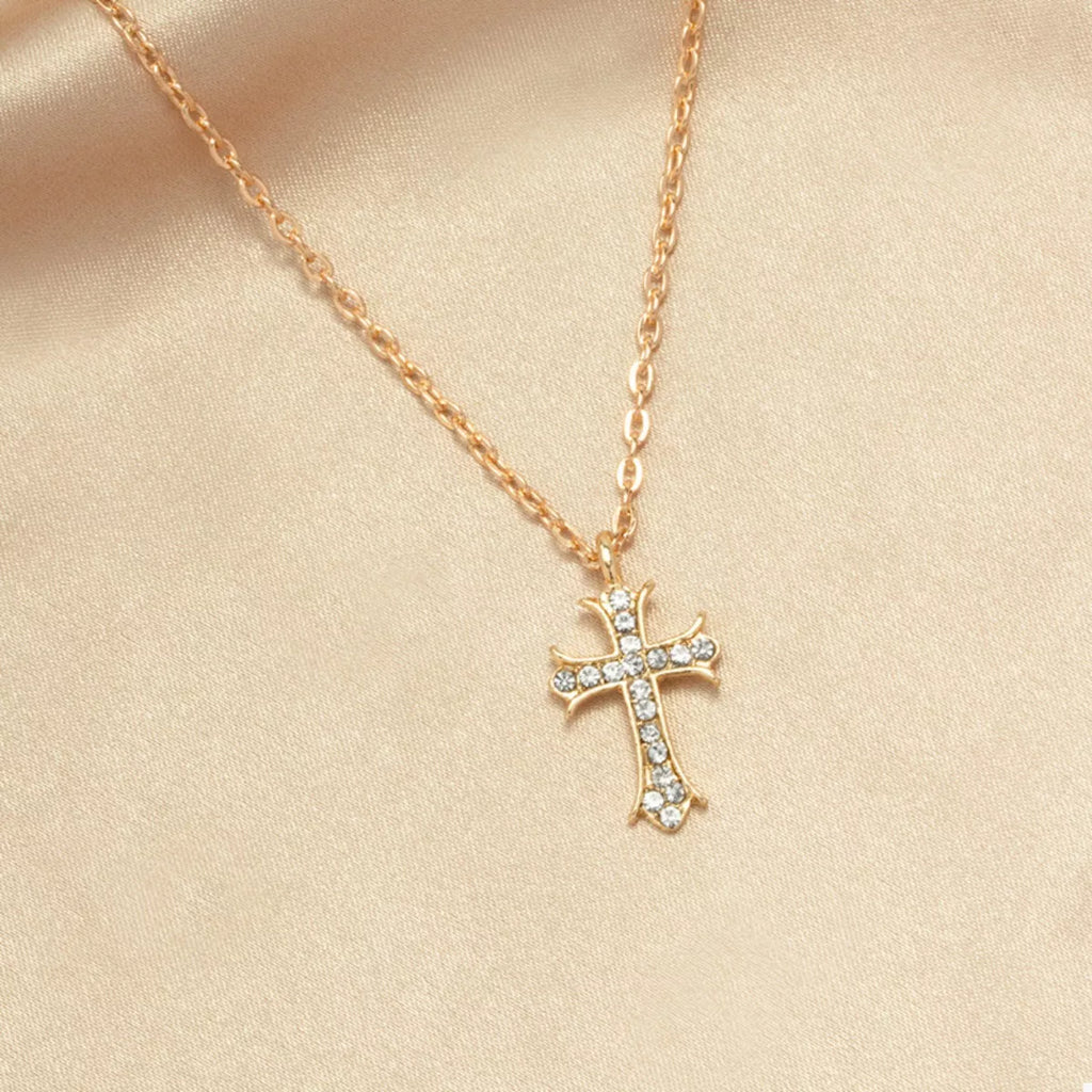 18K Gold-Plated Rhinestone Cross Necklace