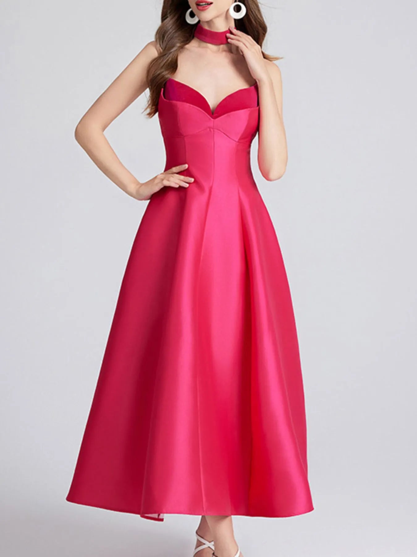 Sweetheart Spaghetti Strap Midi Dress with Collar