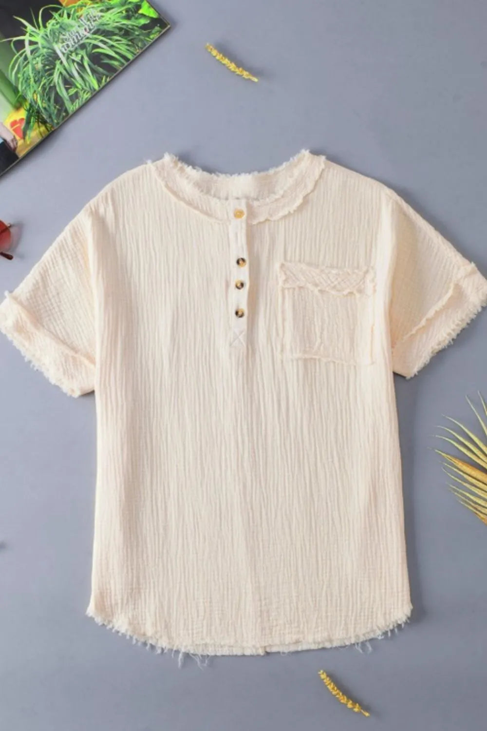 Textured Frayed Trim Half Button Short Sleeve Top