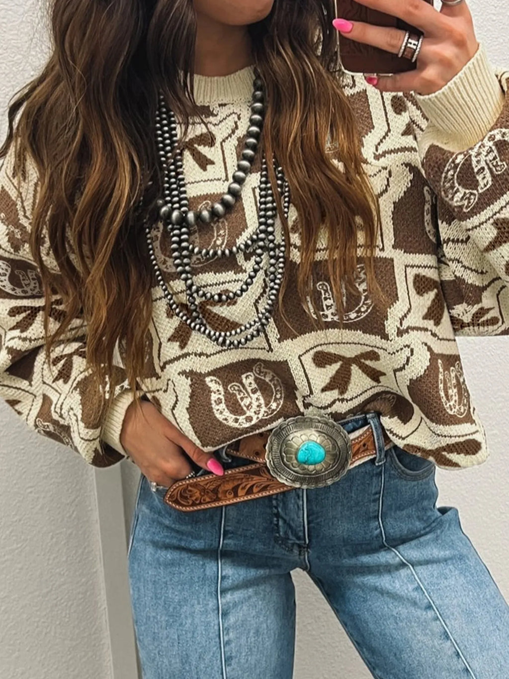 Graphic Round Neck Long Sleeve Sweater