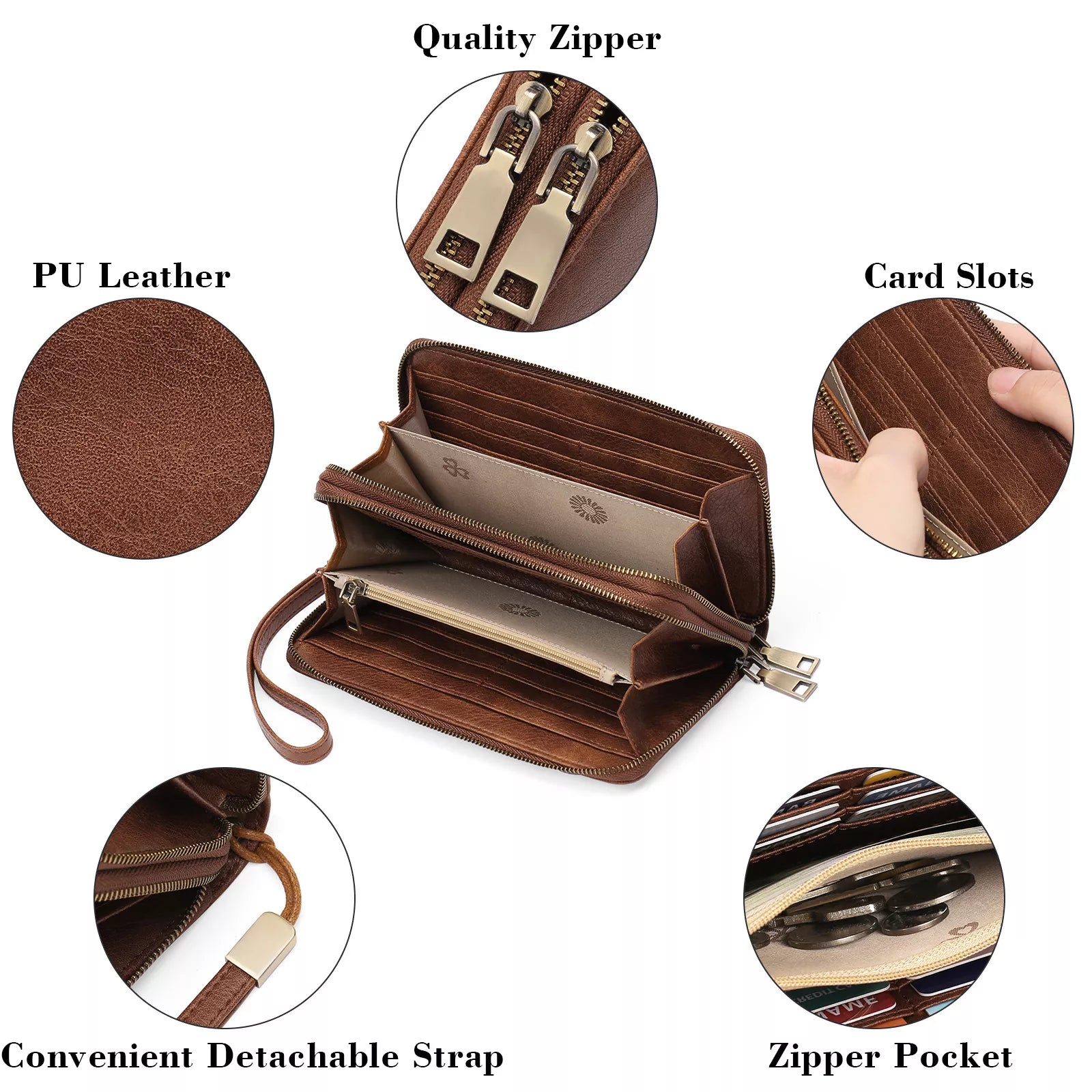 Vintage Style Double Zipper Leather Wallet
