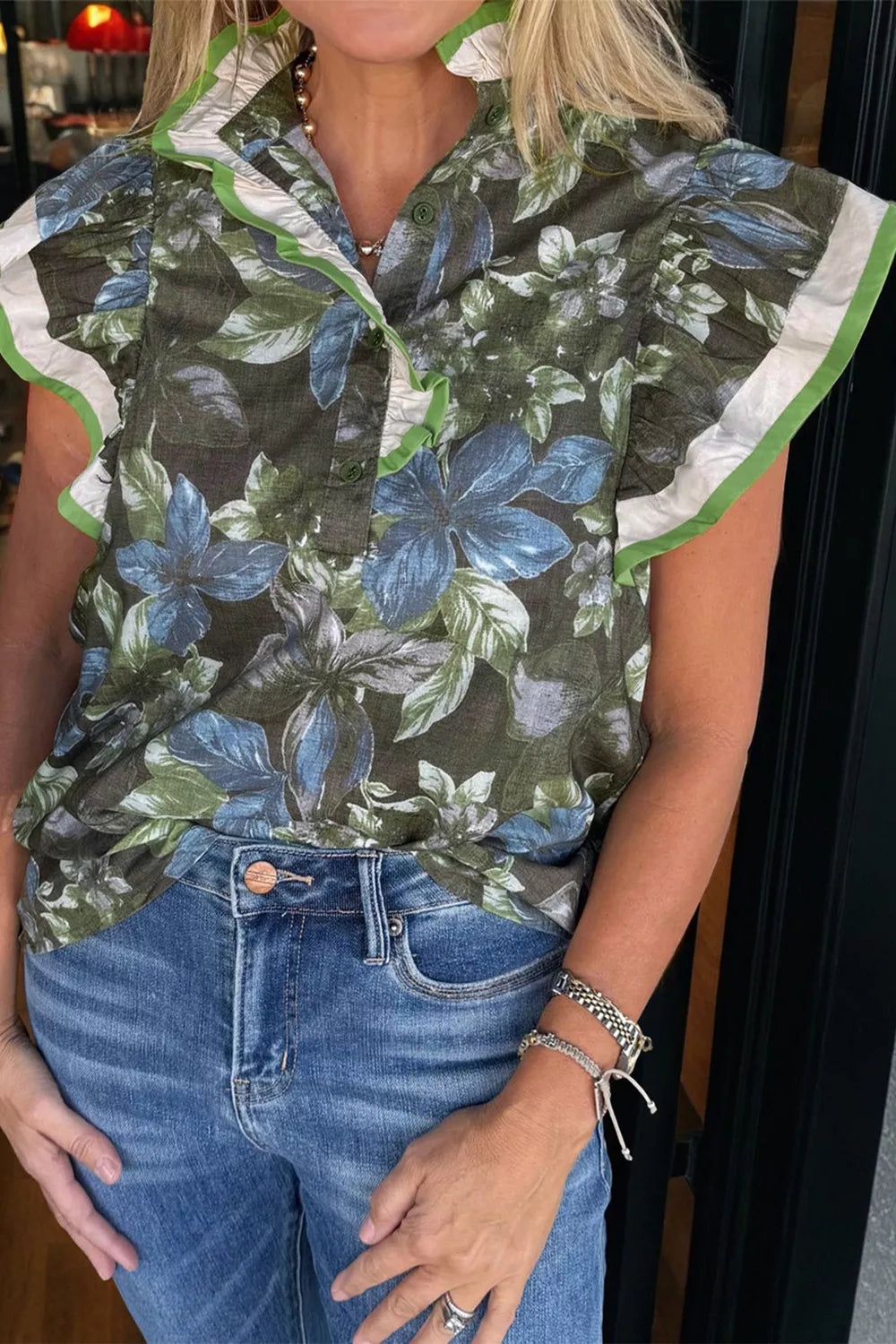 Ruffled Short Sleeve Floral Summer Blouse