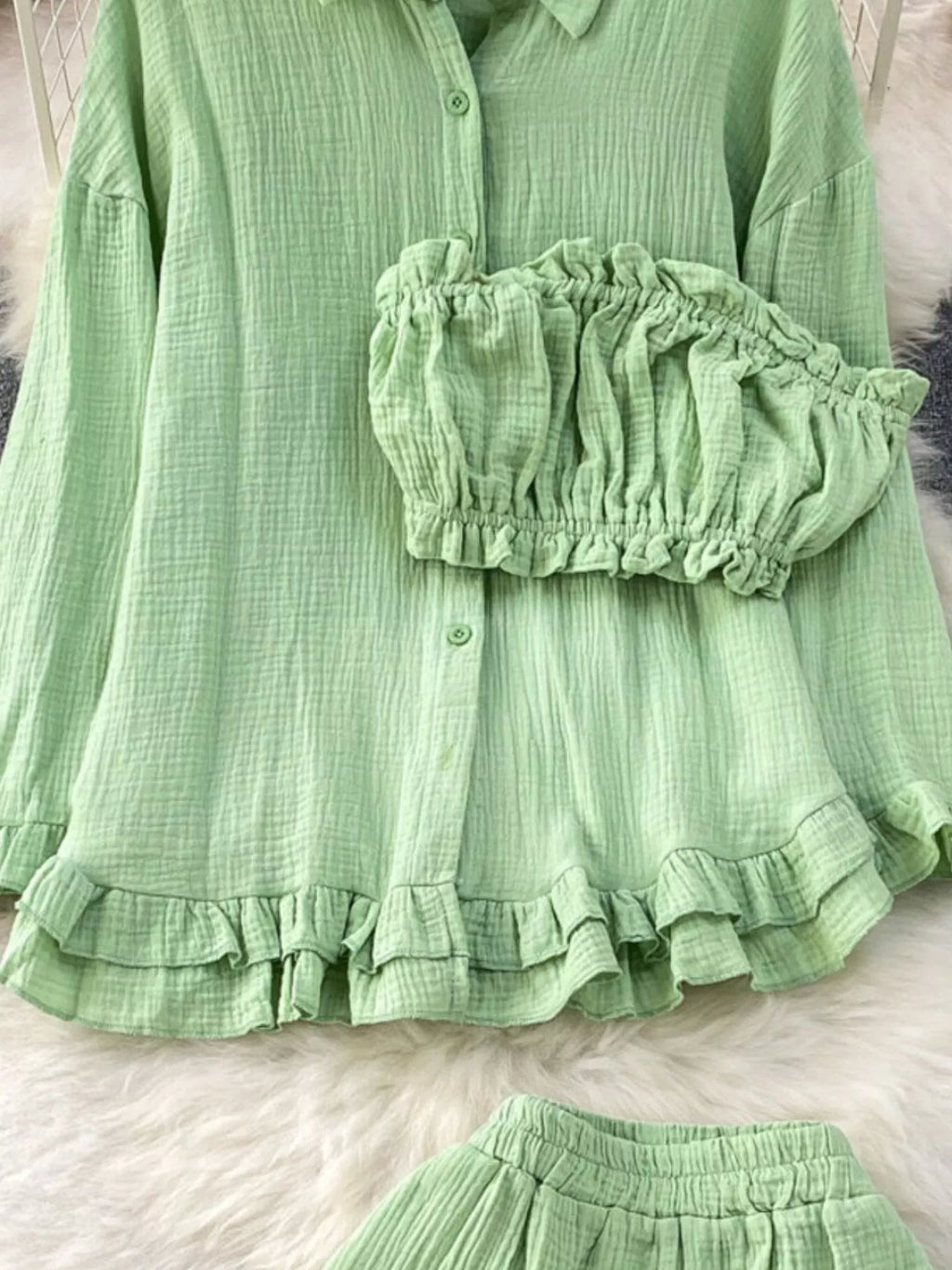 Tube Top & Long Sleeve Shirt & Shorts 3 Piece Set