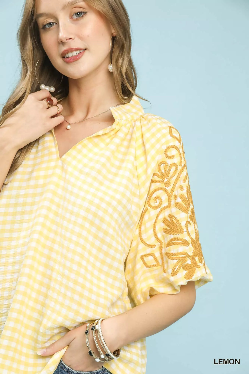 Umgee Gingham Embroidered Balloon Sleeve Top
