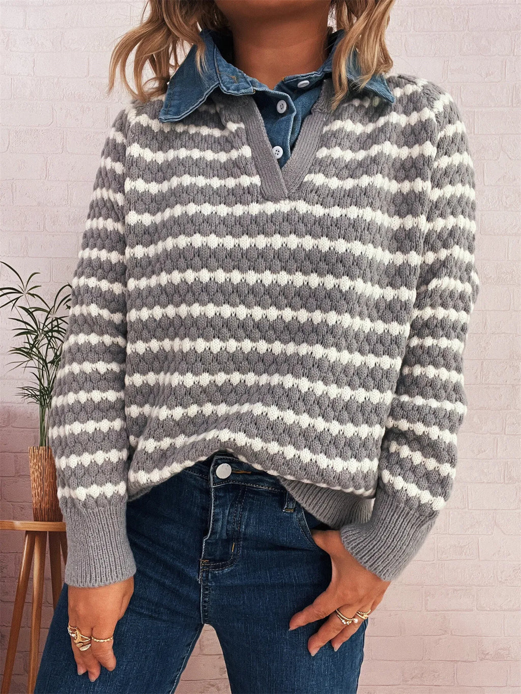 Contrast Striped Sweater with Denim Collar