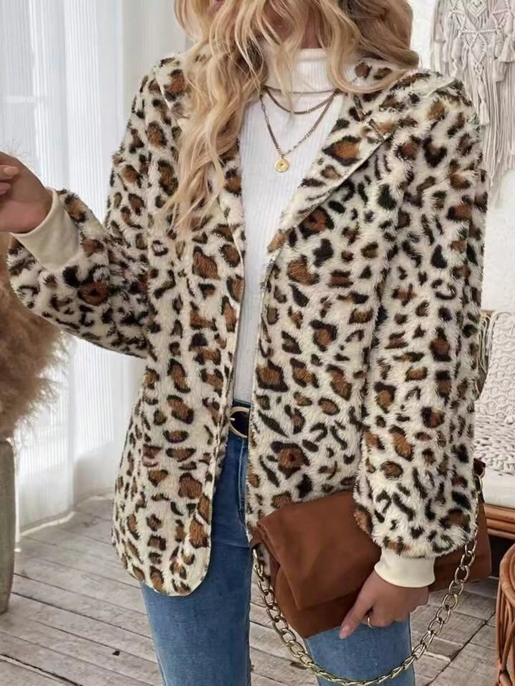 Leopard Print Fuzzy Zip Up Outerwear