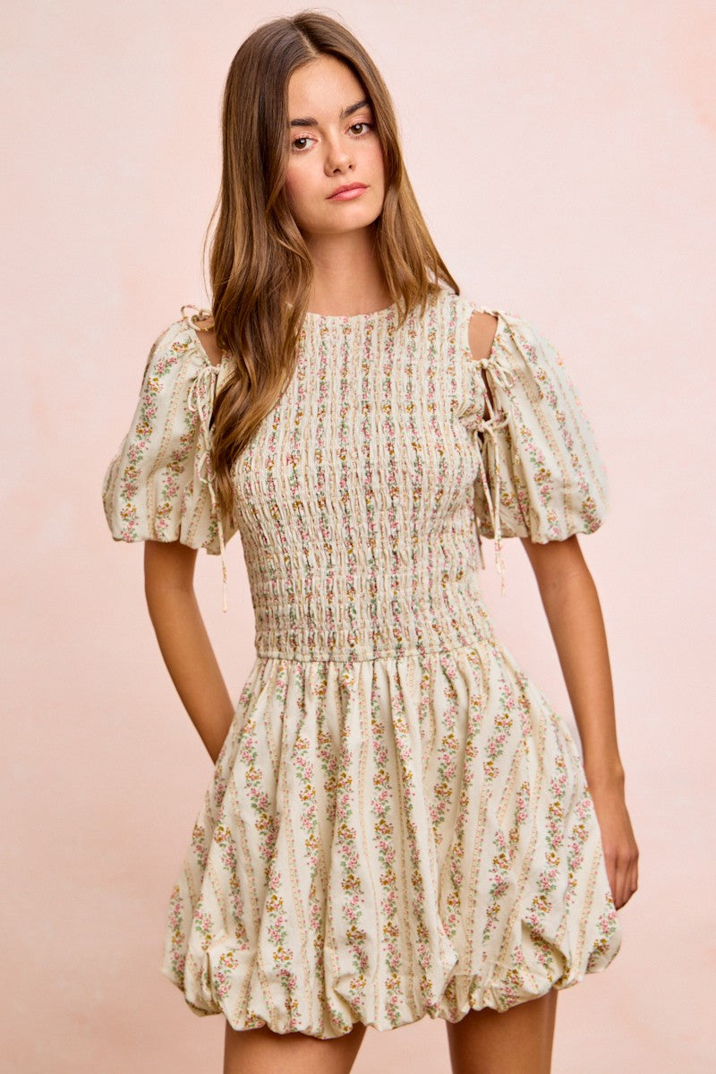 BiBi Floral Bow Tie Attachable Puff Sleeves Dress