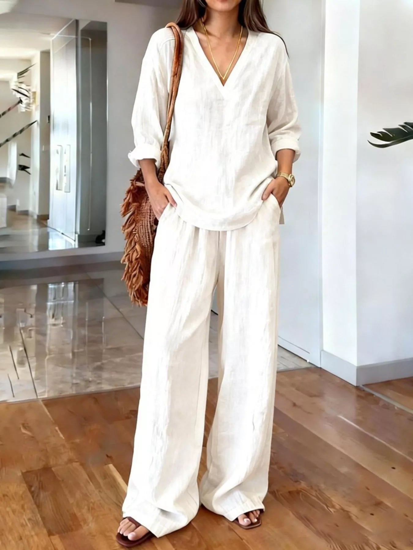 V-Neck Top and Wide-Leg Pants Set