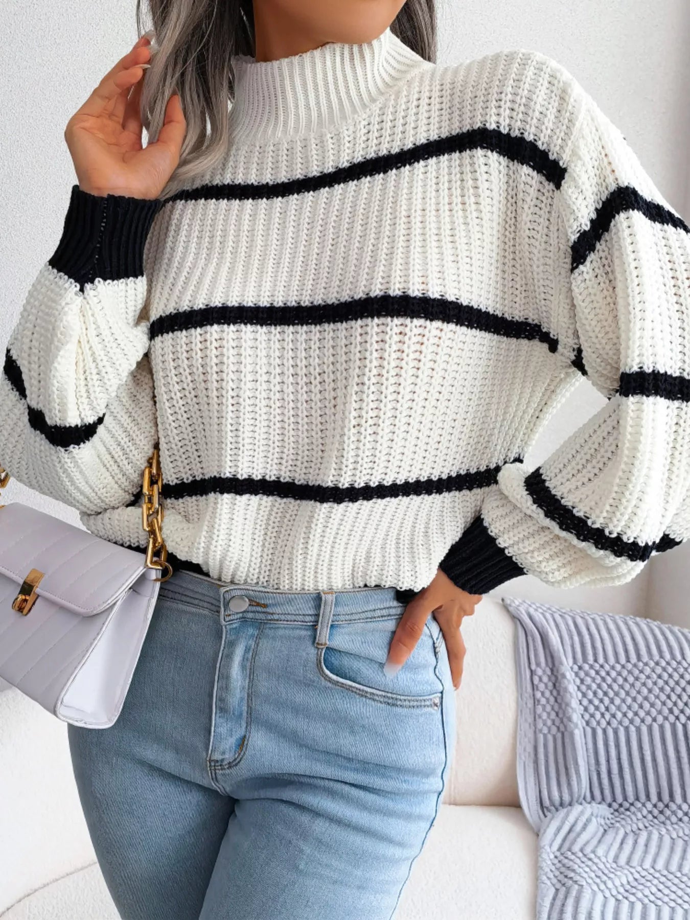 Full Size Striped Mock Neck Knit Sweater Plus Size