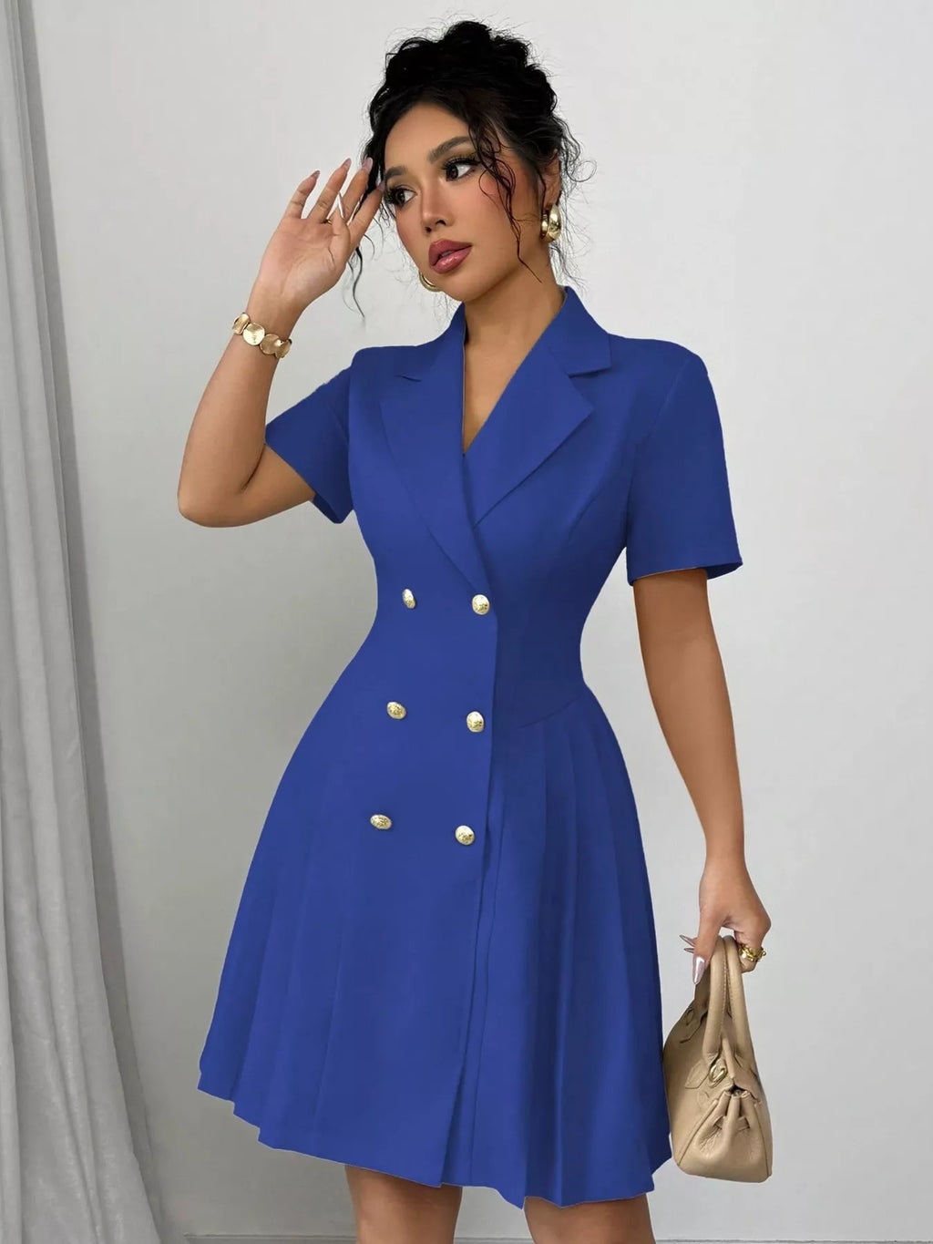 Double-Breasted Pleated Blazer Dress