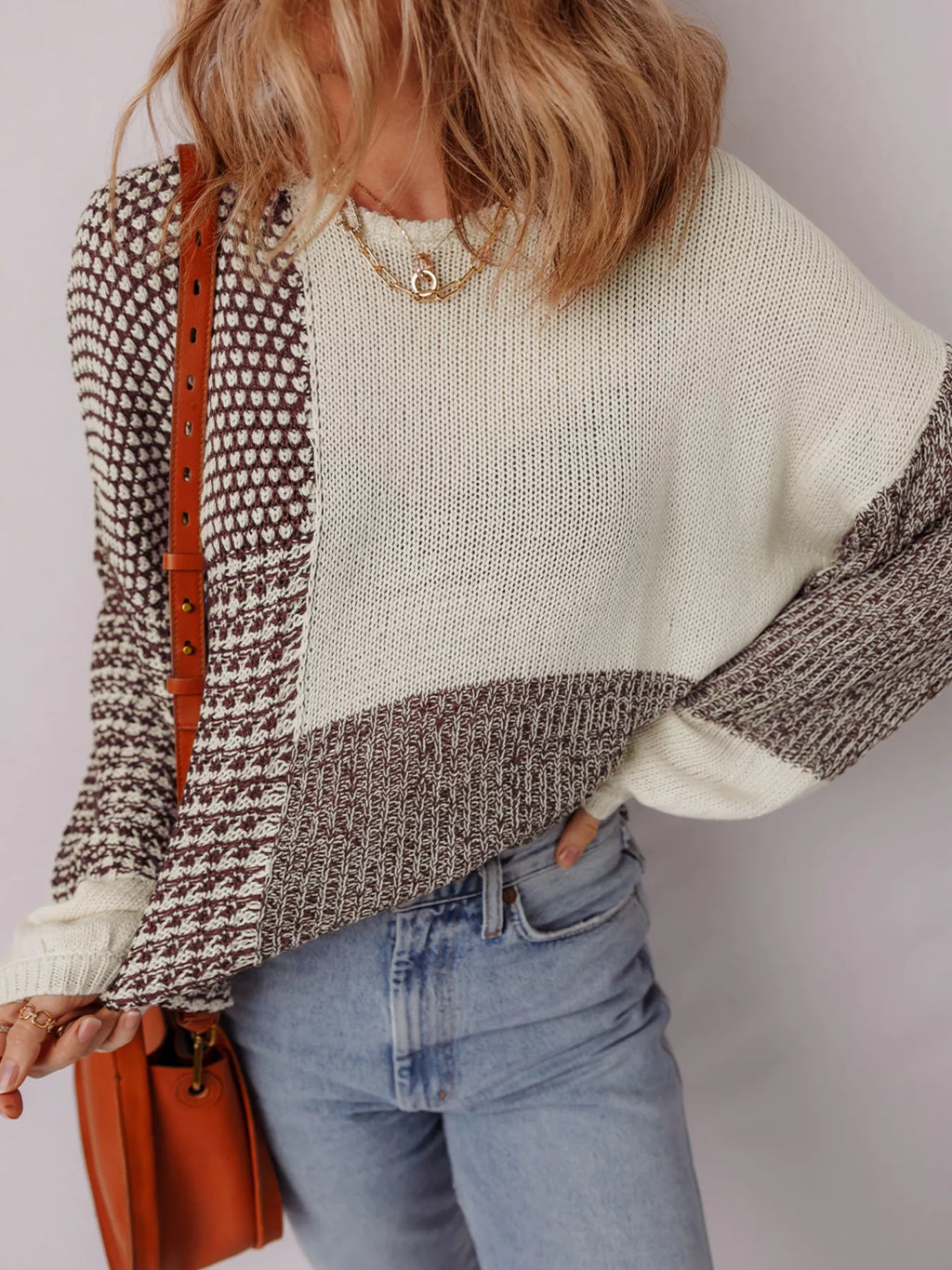Color Block Back Tie Drop Shoulder Loose Sweater