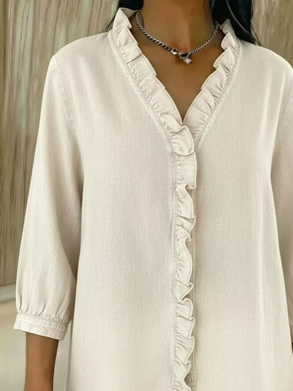 Full Size V-Neck Ruffled Button Down Shirt Plus Size
