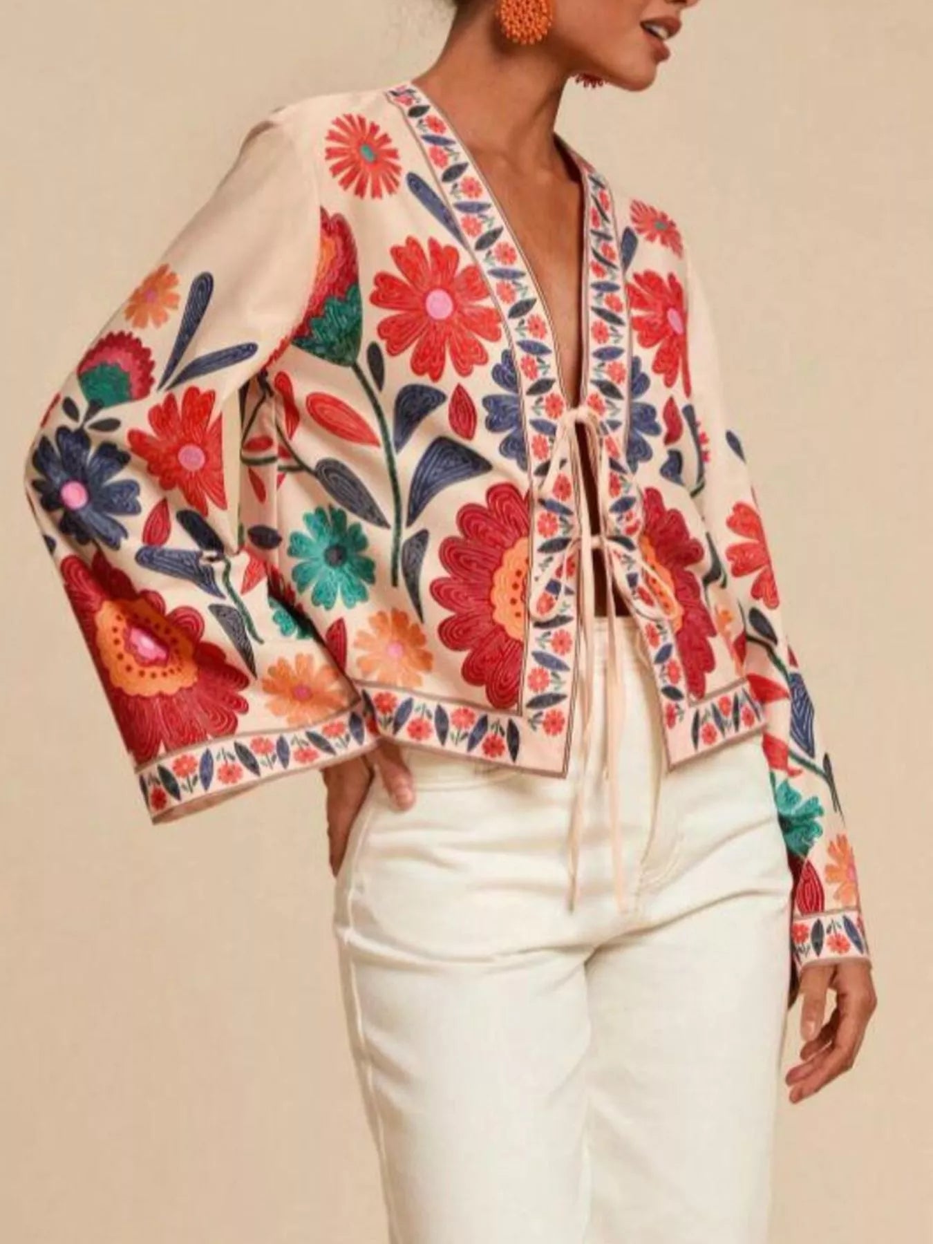 Floral Embroidered Tie-Front Shirt