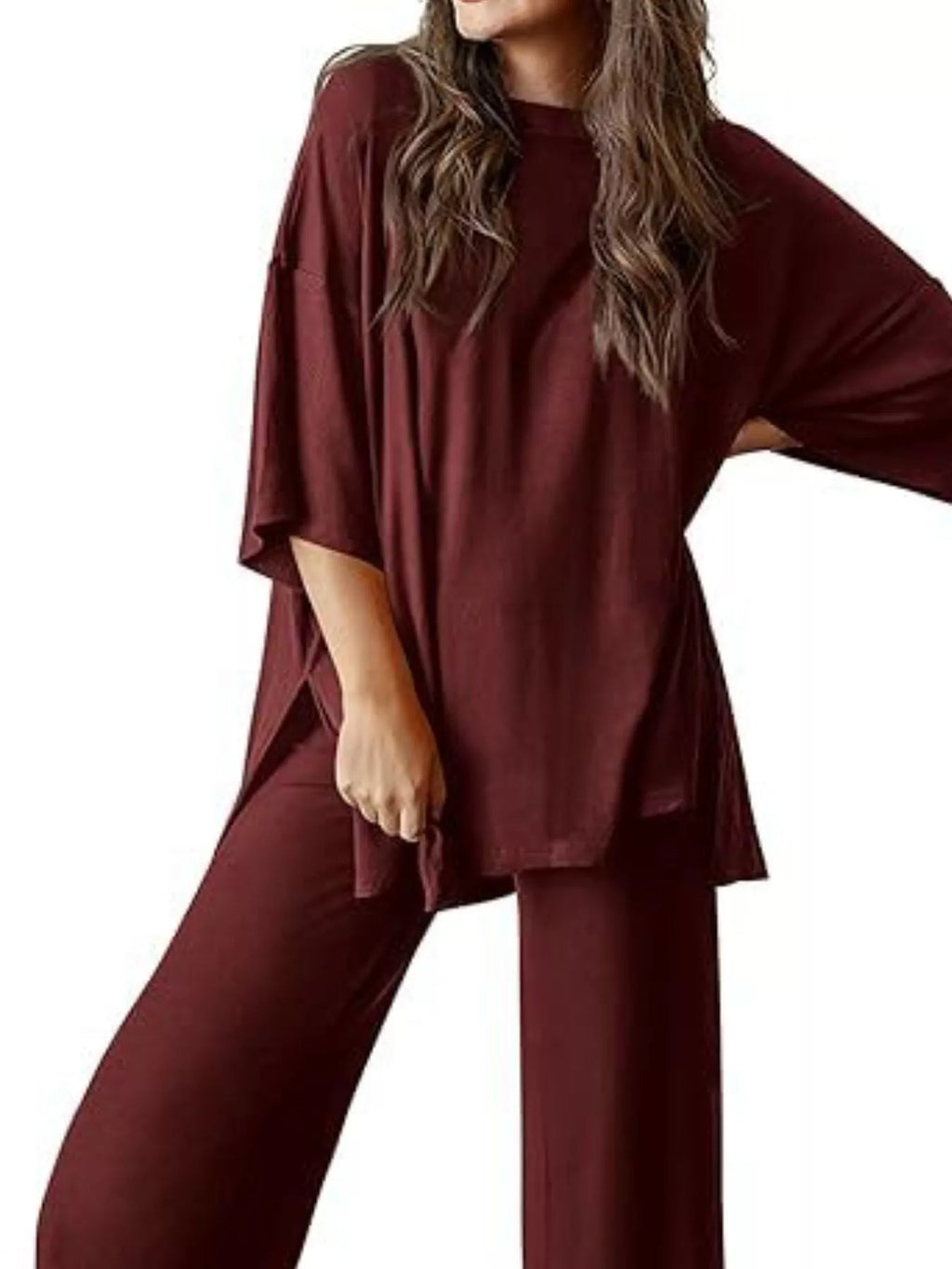 Relaxed Fit Round Neck Top and Pants Two-Piece Set