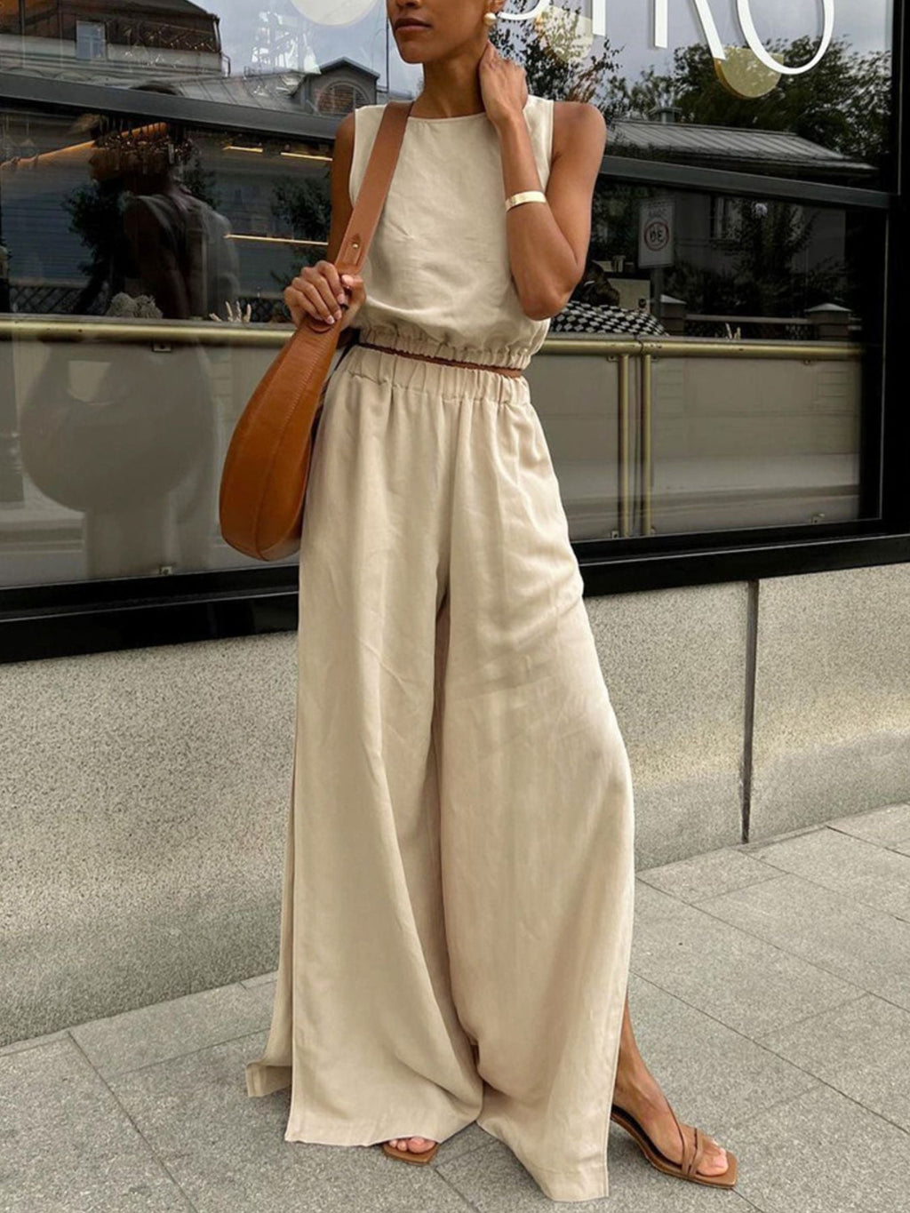 Sleeveless Crop Top and Slit Pants Set