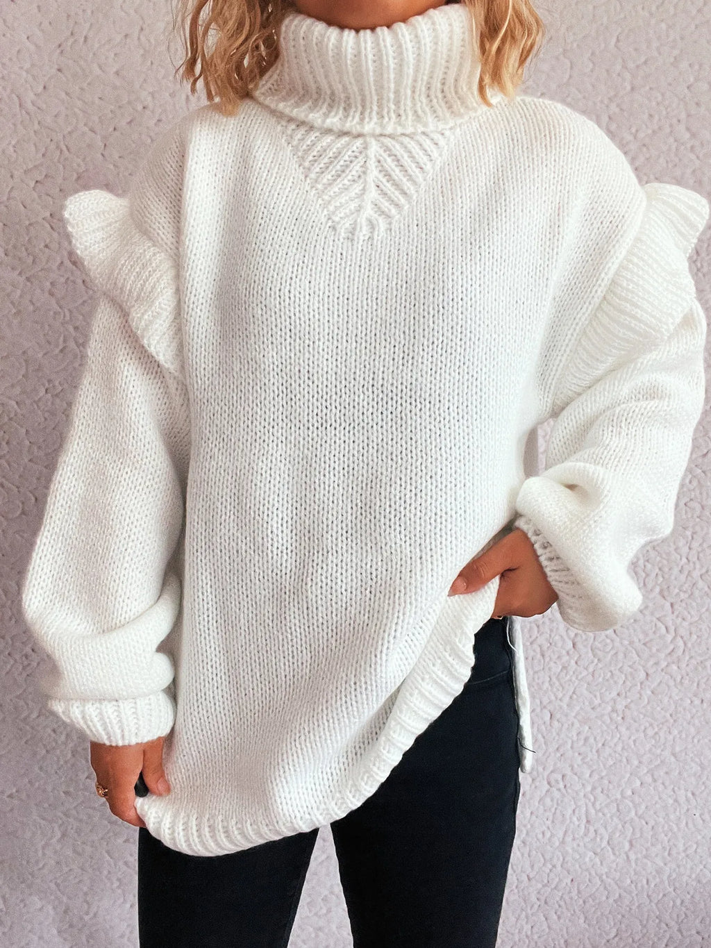 Ruffled Turtleneck Long Sleeve Sweater
