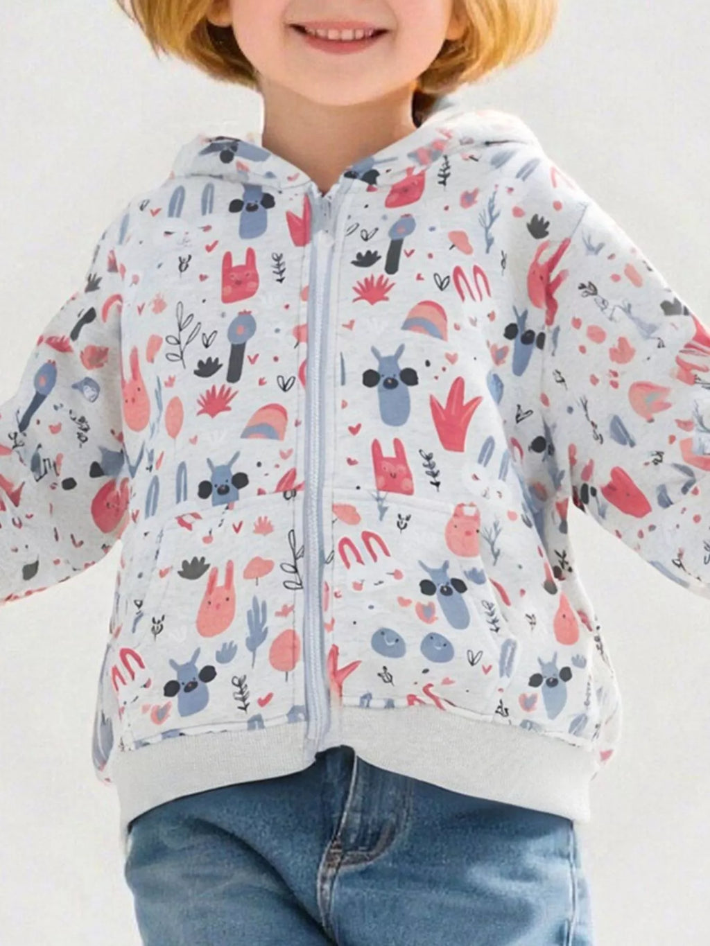 Children's Playful Cartoon Print Zip-Up Hoodie