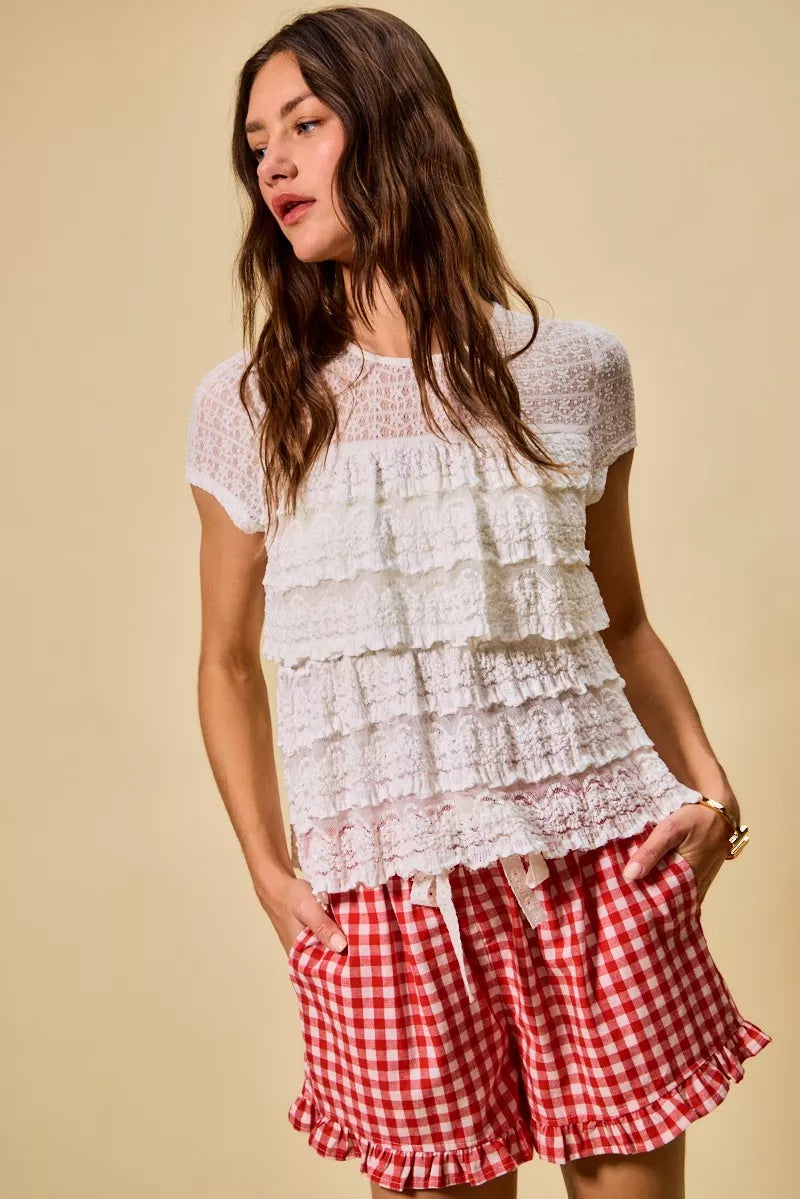 SO ME Ruffle Tiered Stretch Lace Short Sleeves Knit Top