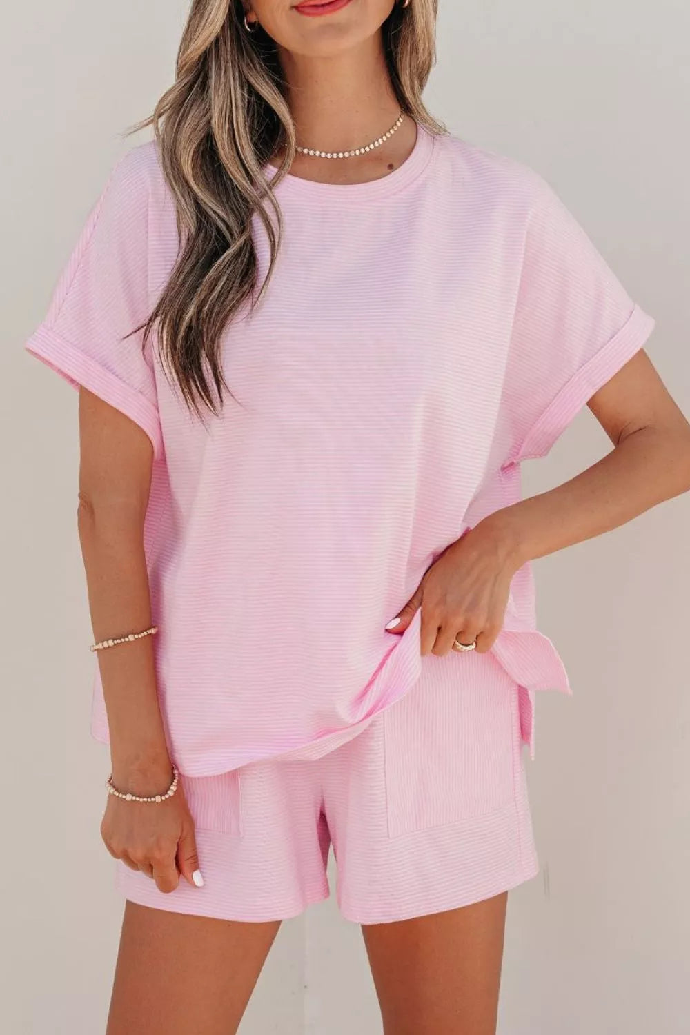 Stripe Matching Oversized Tee and Drawstring Shorts Set