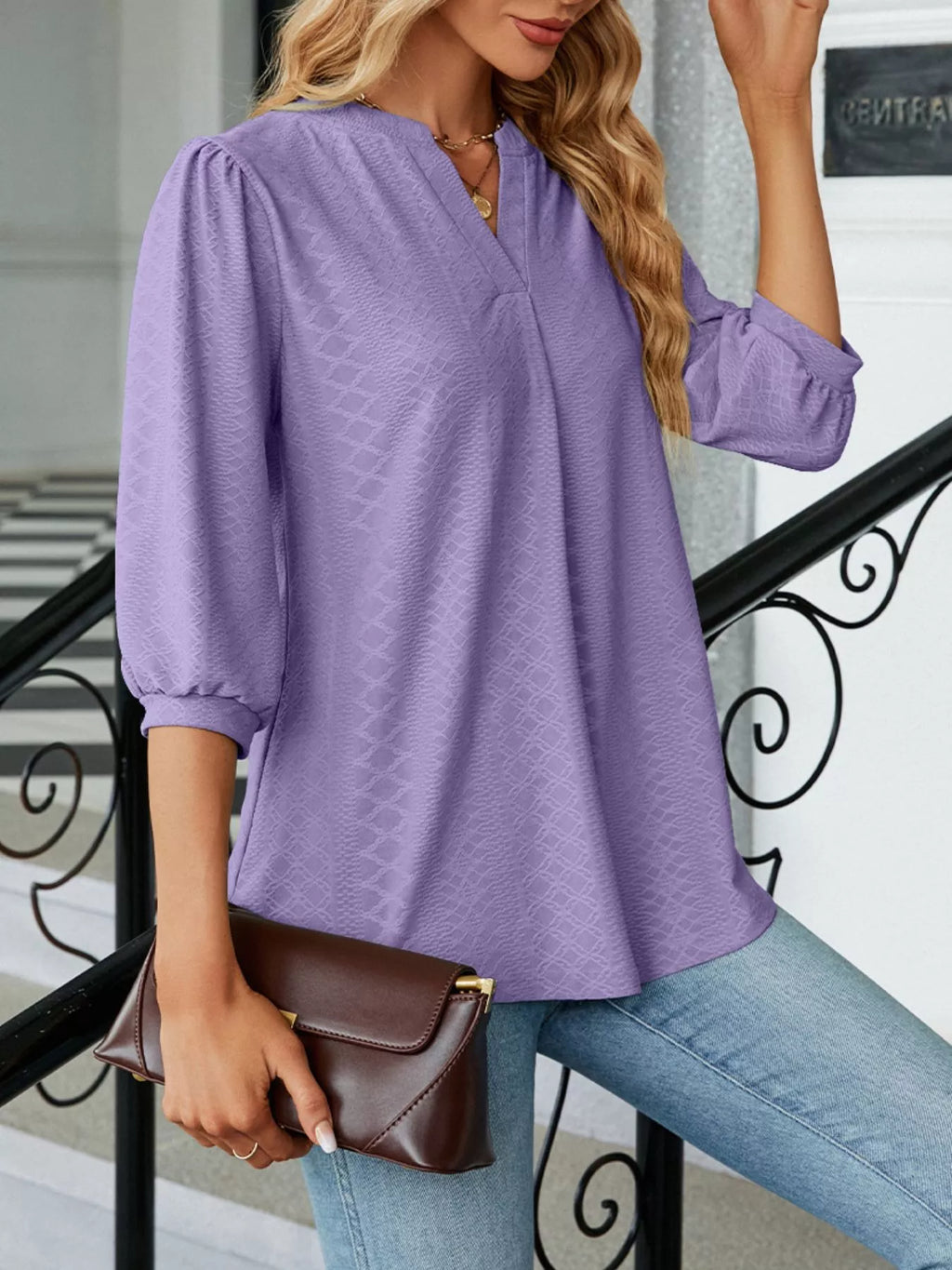 Notched 3/4 Sleeve Casual Top