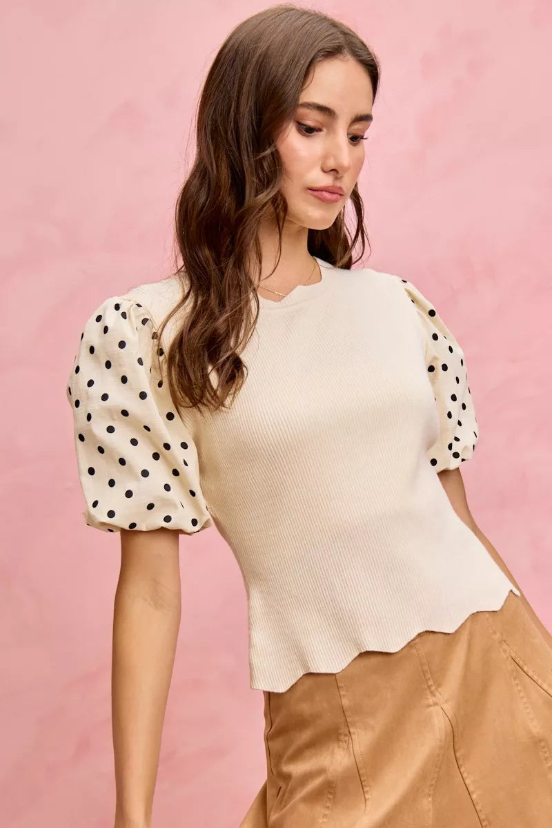 SO ME Polka Dot Contrast Woven Ballon Sleeve Blouse