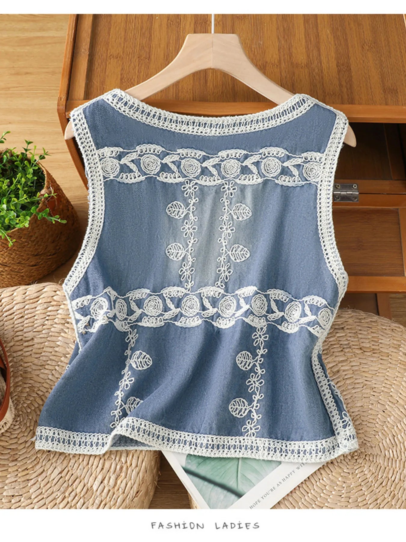Embroidered Button Up V-Neck Vest Coat