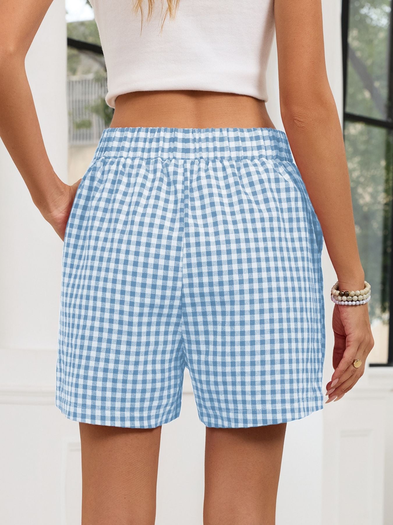 Gingham Elastic Waist Casual Shorts
